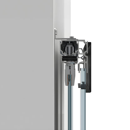 Matte black wall-mounted top track with two synchronized sliding tempered glass panels.