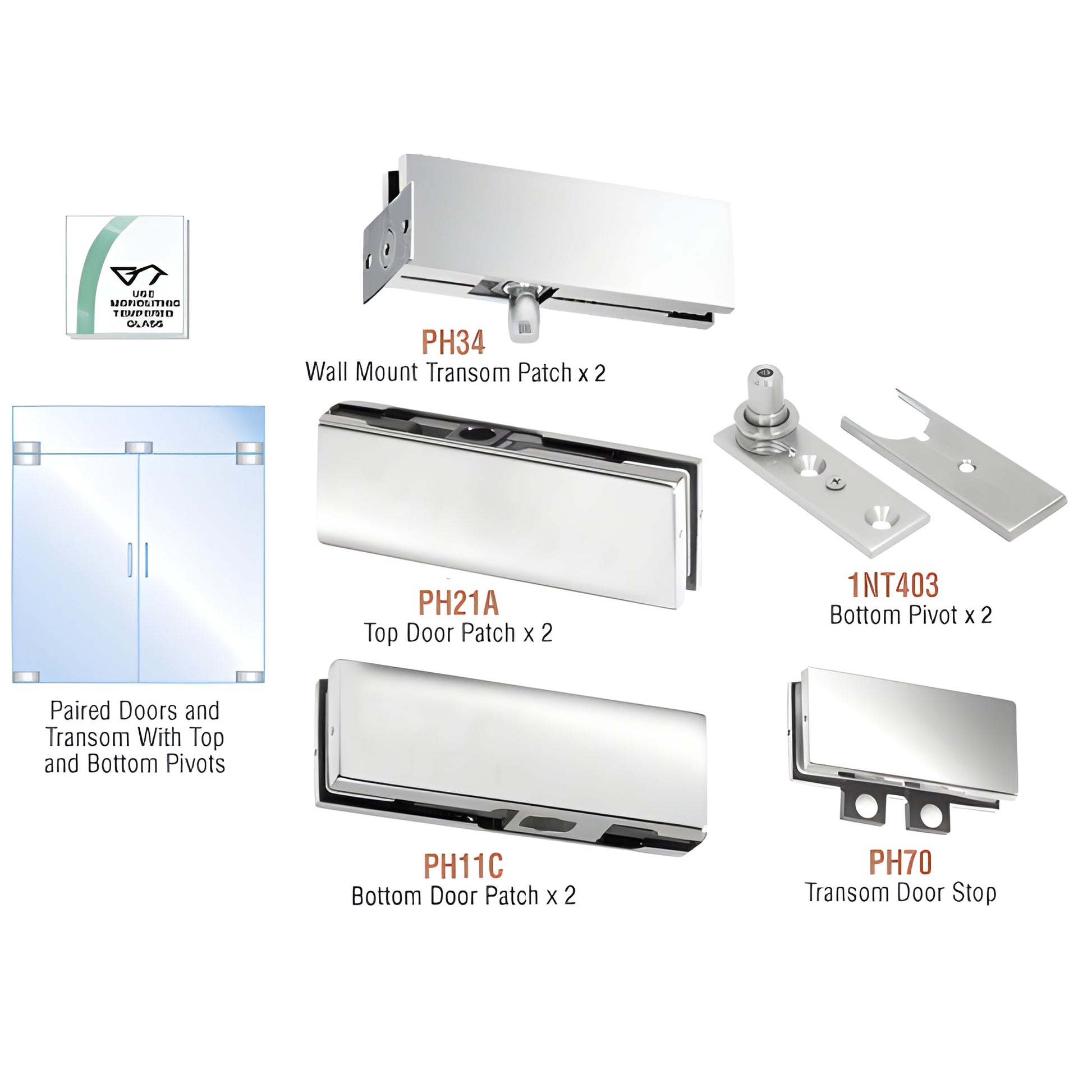 PHE6PS polished stainless steel European double glass door patch kit with transom patches, top/bottom patches and pivots