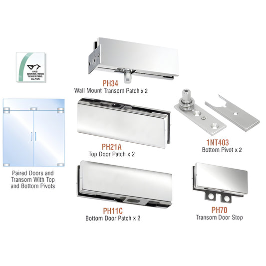 PHE6PS polished stainless steel European double glass door patch kit with transom patches, top/bottom patches and pivots