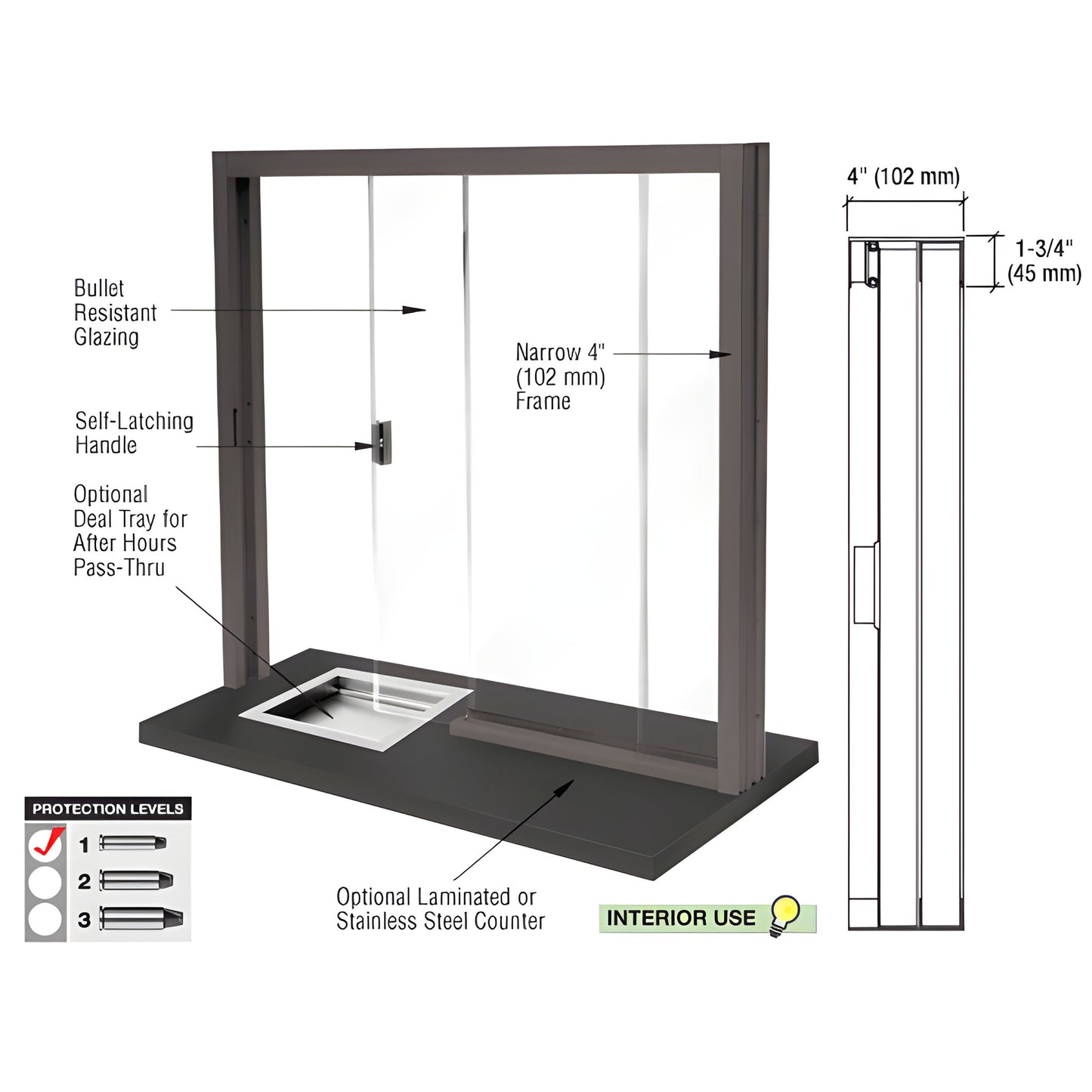 Bullet resistant interior sliding service window SKU SBRWDU1 - aluminum frame, black bronze finish, 1-1/4 in. glazed panels