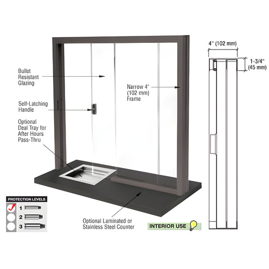Bullet resistant interior sliding service window SKU SBRWDU1 - aluminum frame, black bronze finish, 1-1/4 in. glazed panels
