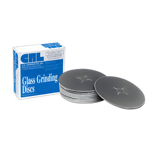 Boxed CRL glass grinding sanding discs (5" bolt-on), stack of gray silicon carbide discs, 50 per box - SKU 5X7860CB