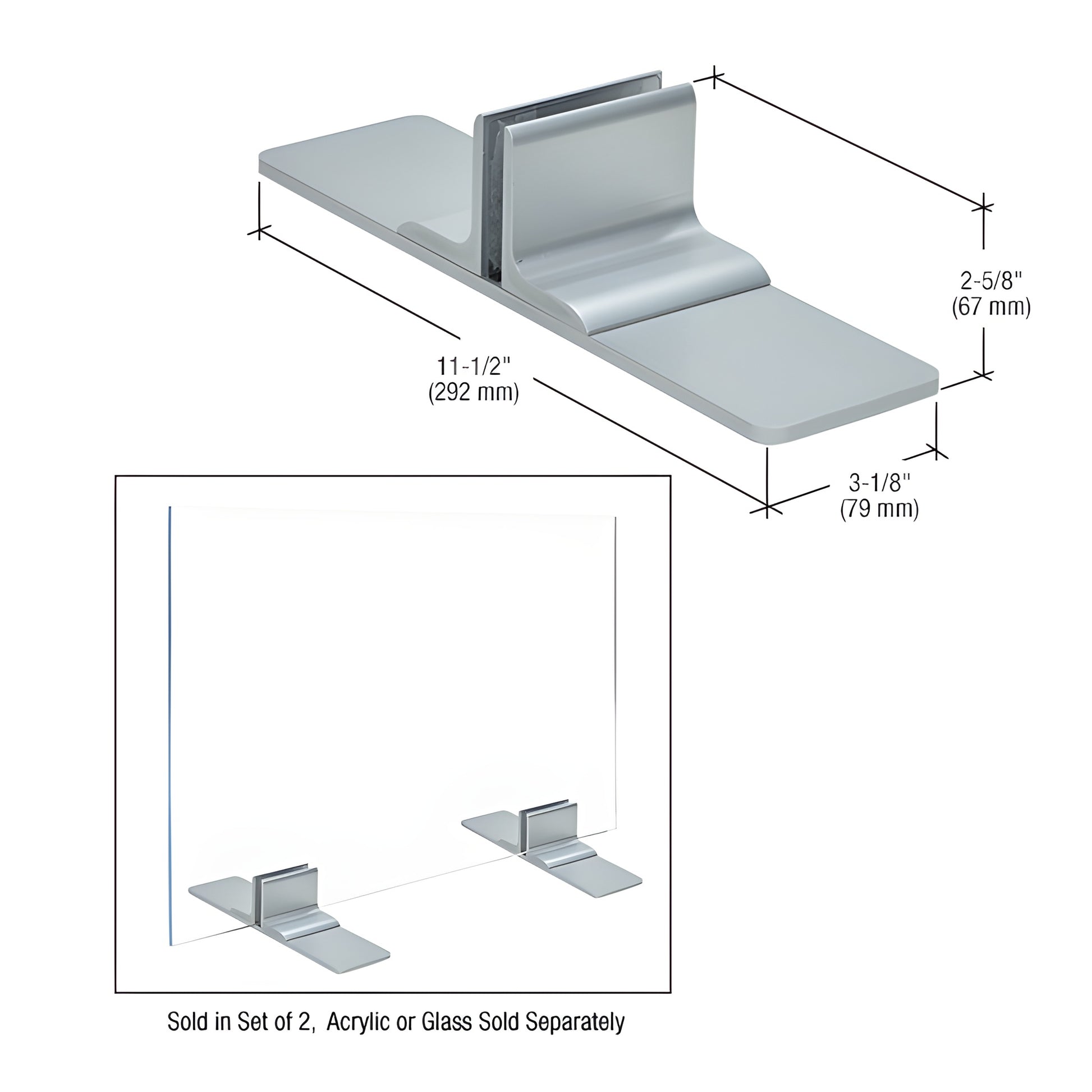 Satin anodized aluminum adjustable base pair for 1/4-3/8 in glass or acrylic shields, 11.5 3.125 2.625 in (PPS500SA)