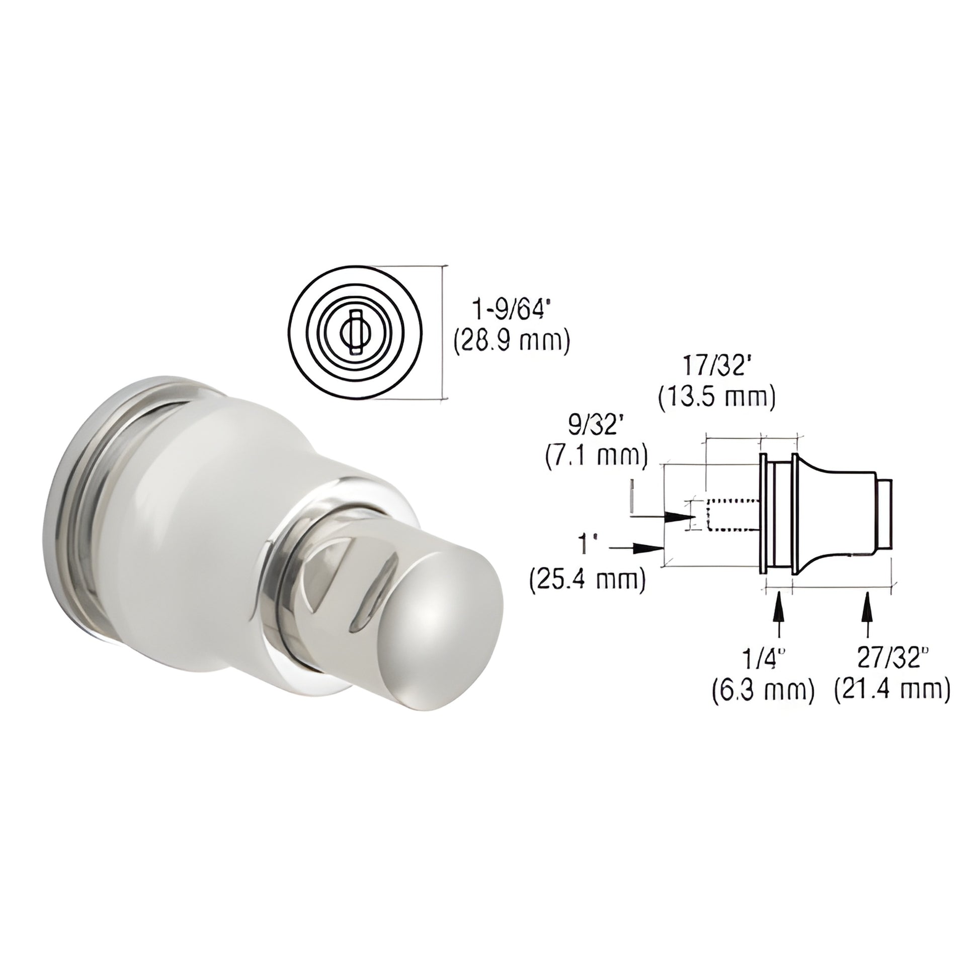 LK49SA satin chrome glass cabinet lock/knob with push plunger, fits up to 1/4" (6mm) glass; drilling required.