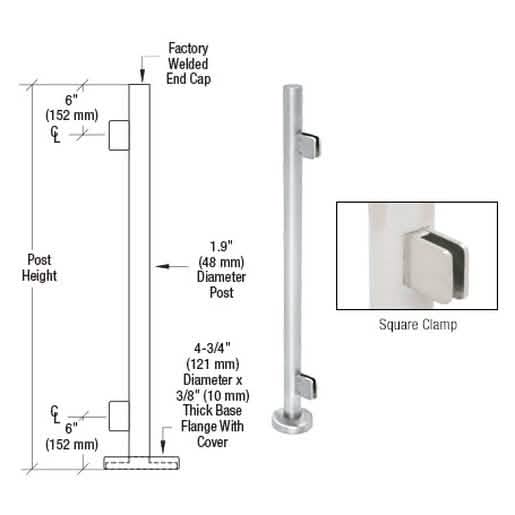 "CRL Stainless Steel Round End Post Kit - 42'' Tall with Square Clamps for Modern Railings