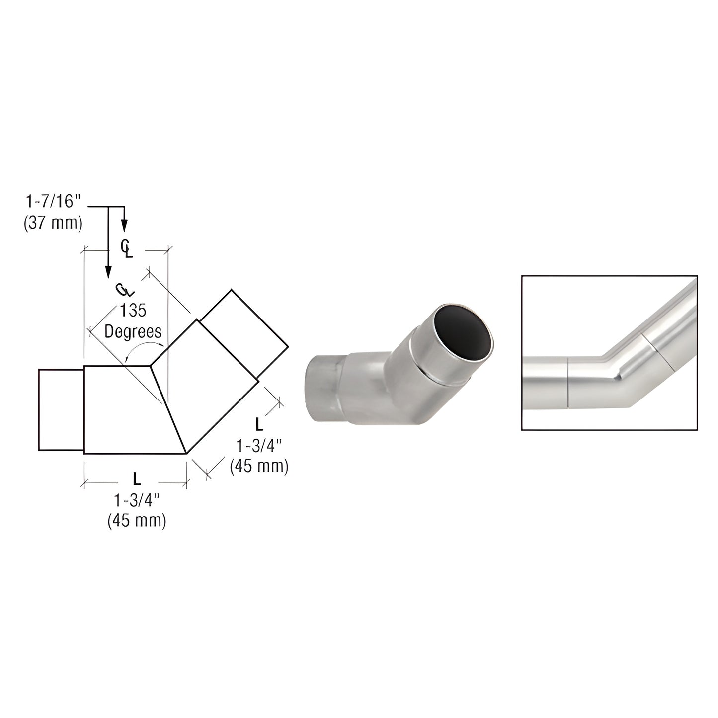 HR15MBS brushed stainless 135 flush angle connector for partition posts and sneeze guards, 1-3/4" lengths