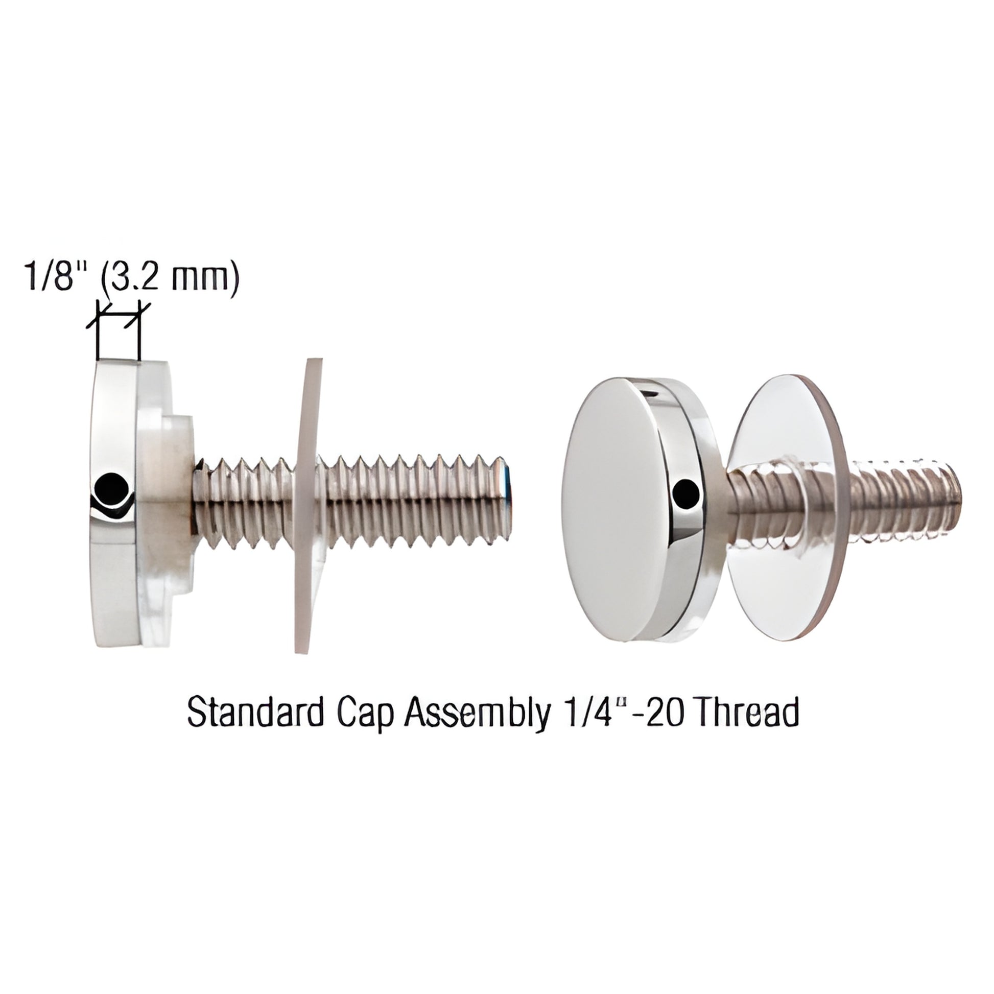CAP34PS polished stainless steel 3/4" standoff cap assembly, 1/4-20 threaded stud with washers