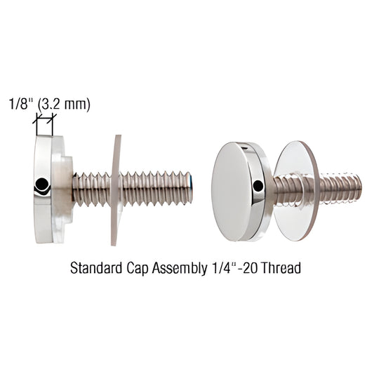 CAP34PS polished stainless steel 3/4" standoff cap assembly, 1/4-20 threaded stud with washers