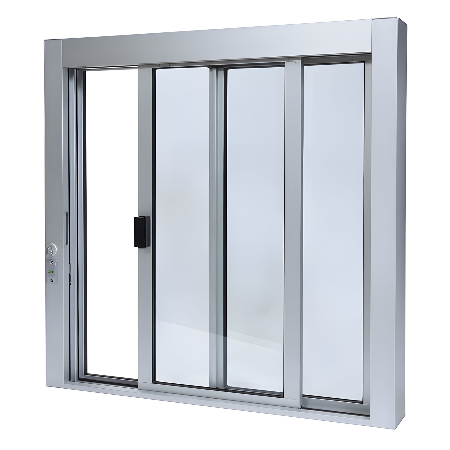 Satin anodized aluminum self-closing XO sliding service window SCDW3636X0GA, 36x36, 1/4in tempered glass, thumbturn lock