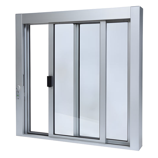 Satin anodized aluminum self-closing XO sliding service window SCDW3636X0GA, 36x36, 1/4in tempered glass, thumbturn lock