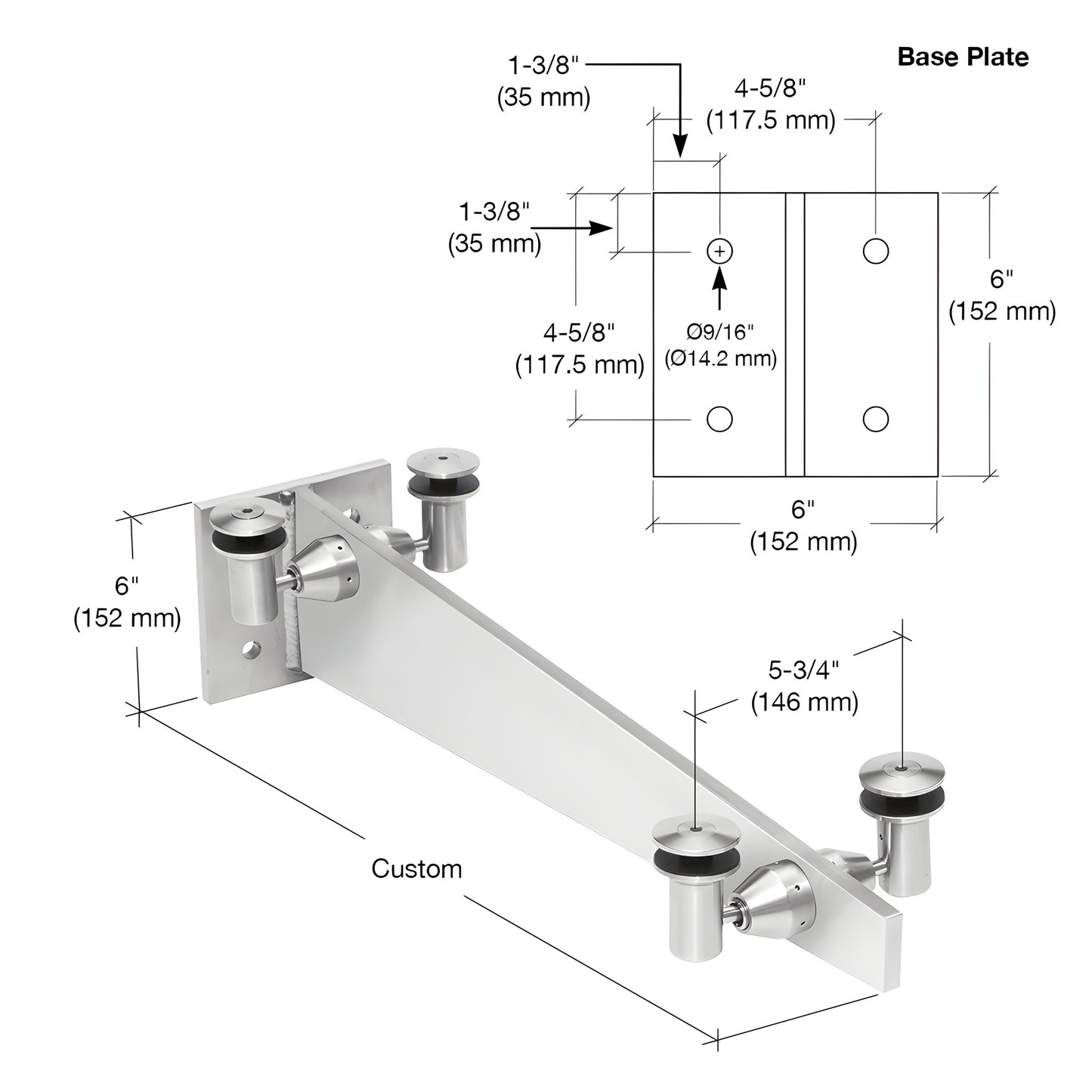 Stainless steel curved wall-mount glass awning bracket with four glass mounts, SKU GABCPS