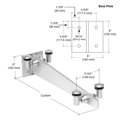 Stainless steel curved wall-mount glass awning bracket with four glass mounts, SKU GABCPS