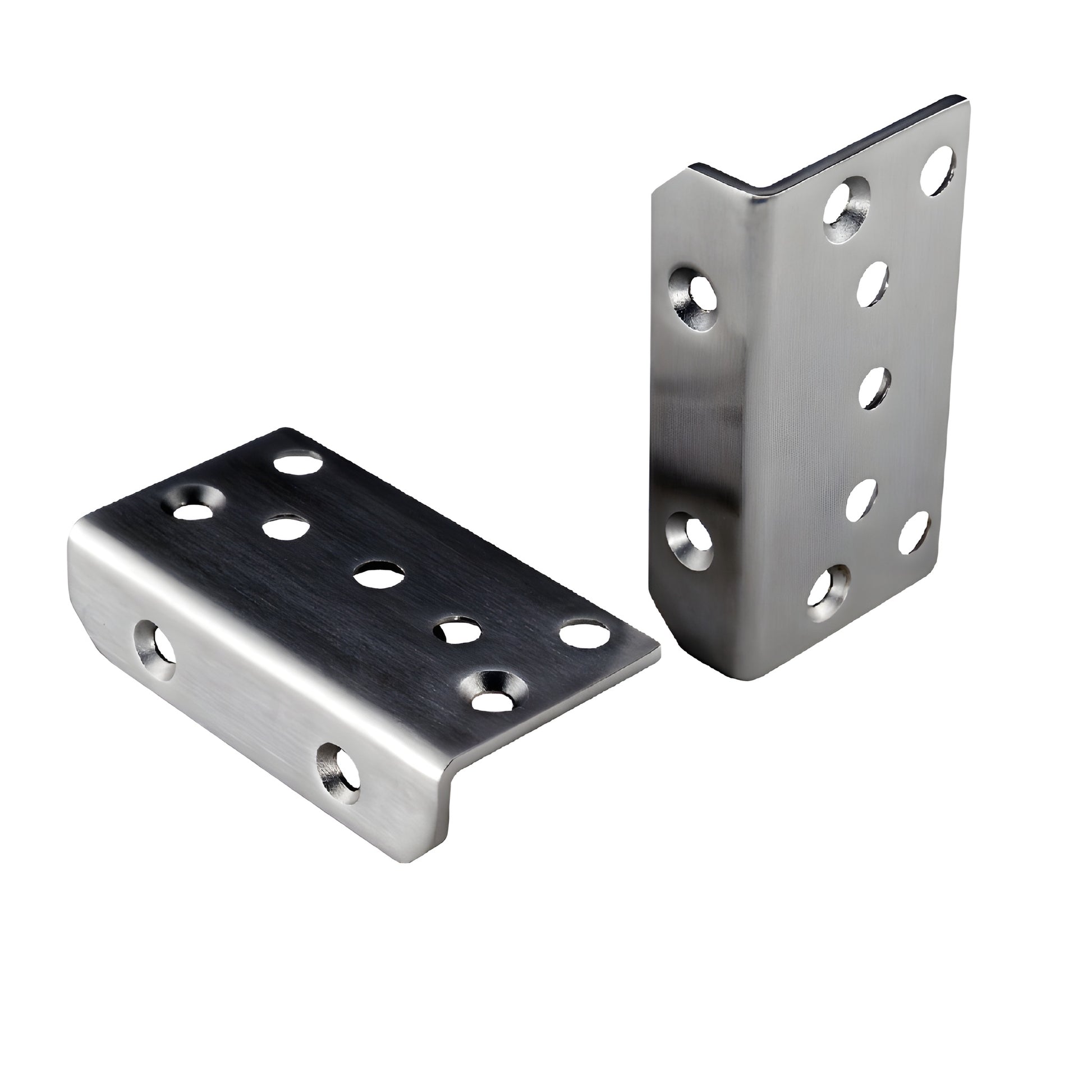 Pair of brushed stainless 50mm L-brackets for square post, multiple screw holes, Polaris 125 hinge.
