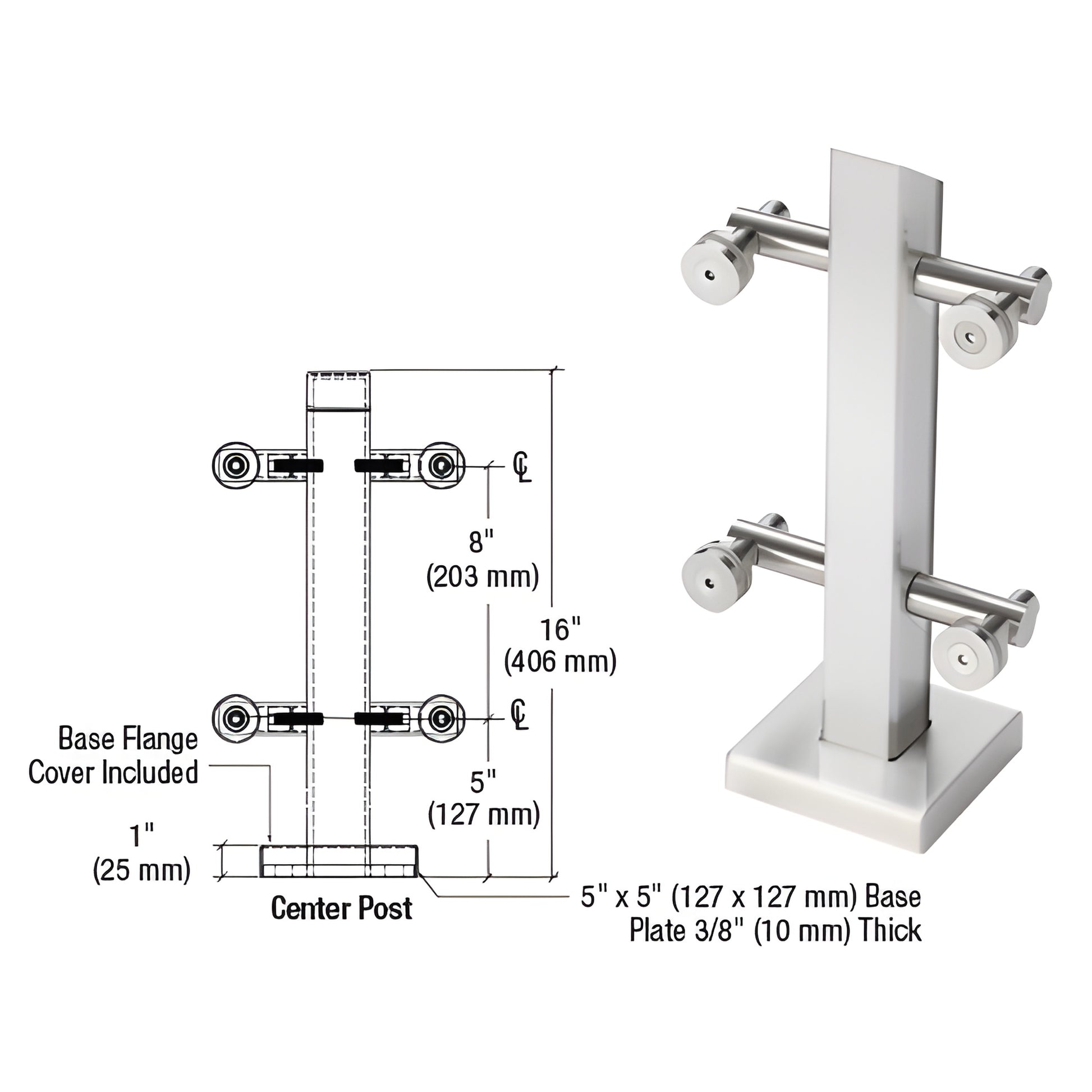 PWC1CPS polished 316 stainless center mini post for point-supported glass railings, 16" tall, 5" 5" base.