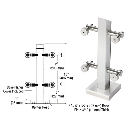 PWC1CPS polished 316 stainless center mini post for point-supported glass railings, 16" tall, 5" 5" base.