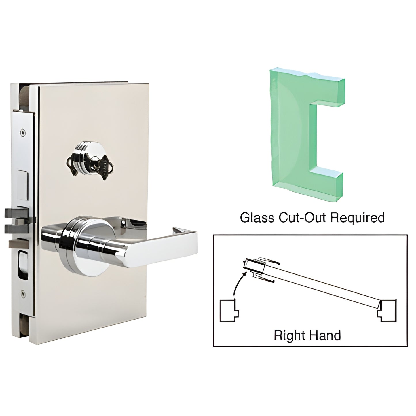 DL610REPS polished stainless steel 6x10 center lock deadlatch for 1/2" tempered glass, left-hand