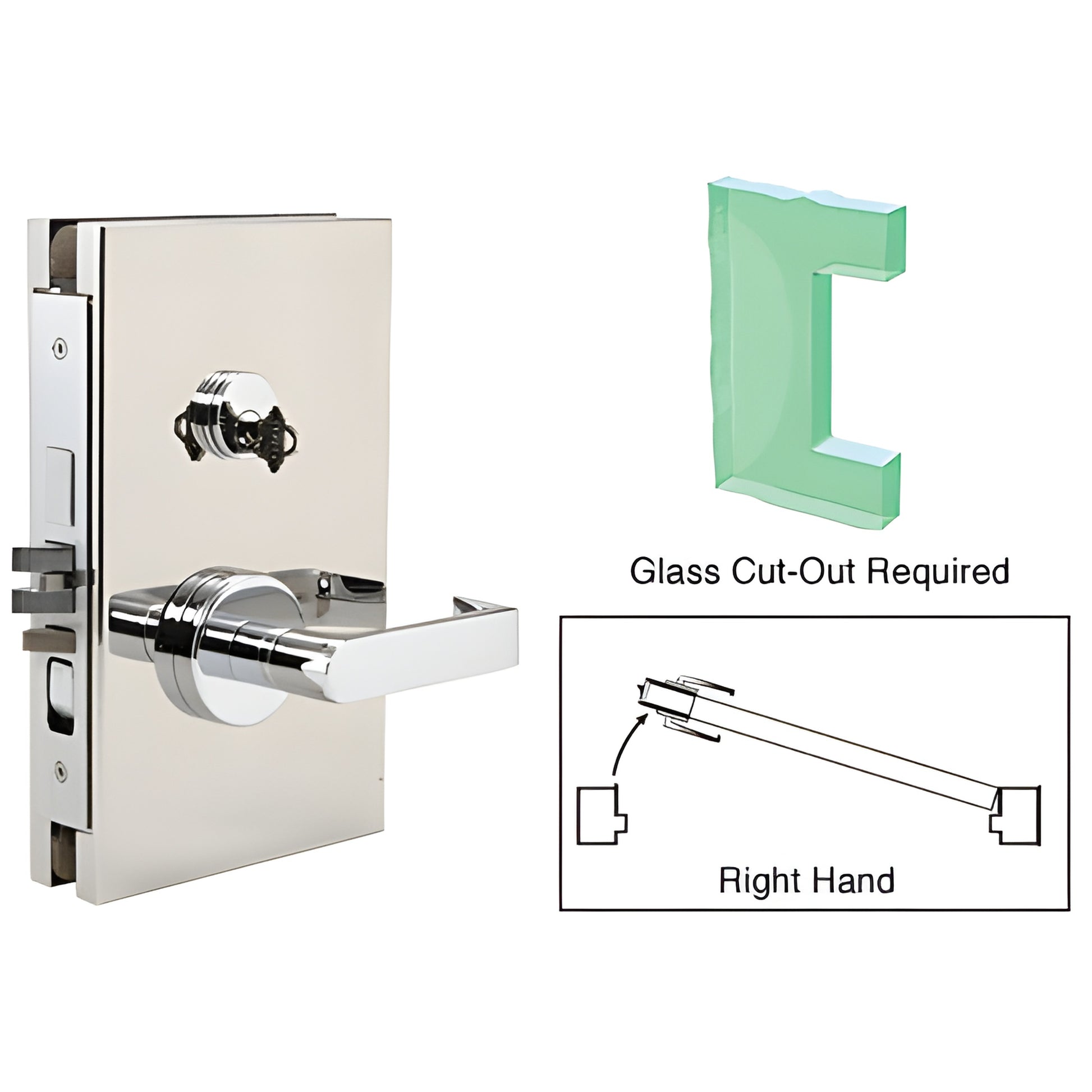DL610REPS polished stainless steel 6x10 center lock deadlatch for 1/2" tempered glass, left-hand