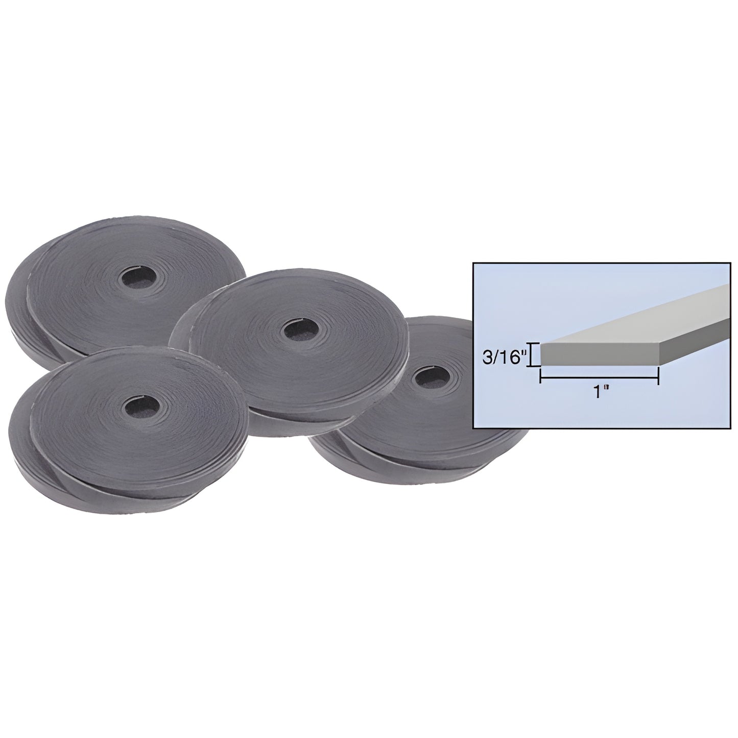 Black PVC neoprene setting block roll, 1" wide x 3/16" thick, 500 ft bulk coils (SKU SBRL7B)