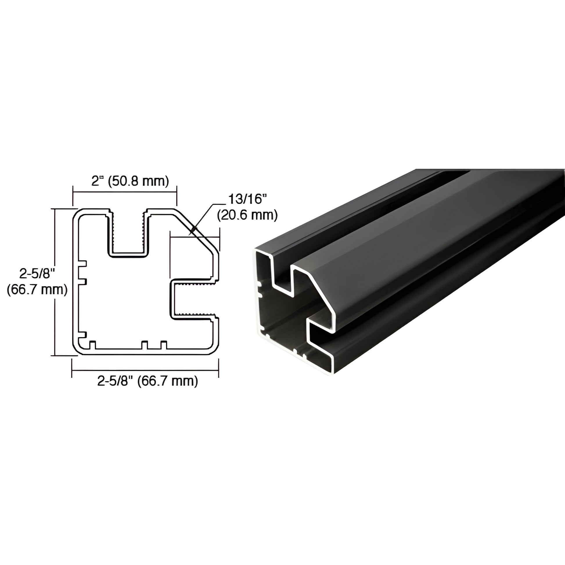 SP936BL matte black aluminum windscreen post, 36 in, 2-5/8" profile with 13/16" slot - end cross-section view