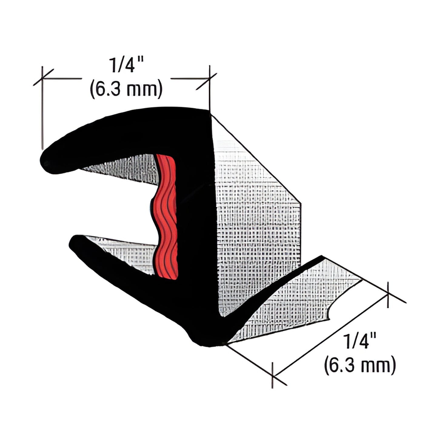 Black EPDM cavity molding cross-section, 1/4" (6.3 mm) width, OEM-style windshield/backglass seal, SKU 409T100B