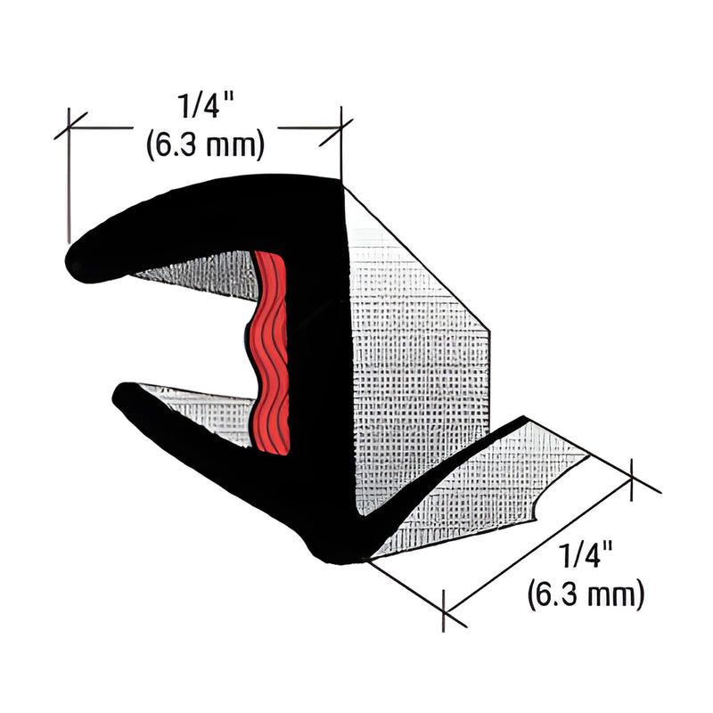 Black EPDM cavity molding cross-section, 1/4" (6.3 mm) width, OEM-style windshield/backglass seal, SKU 409T100B
