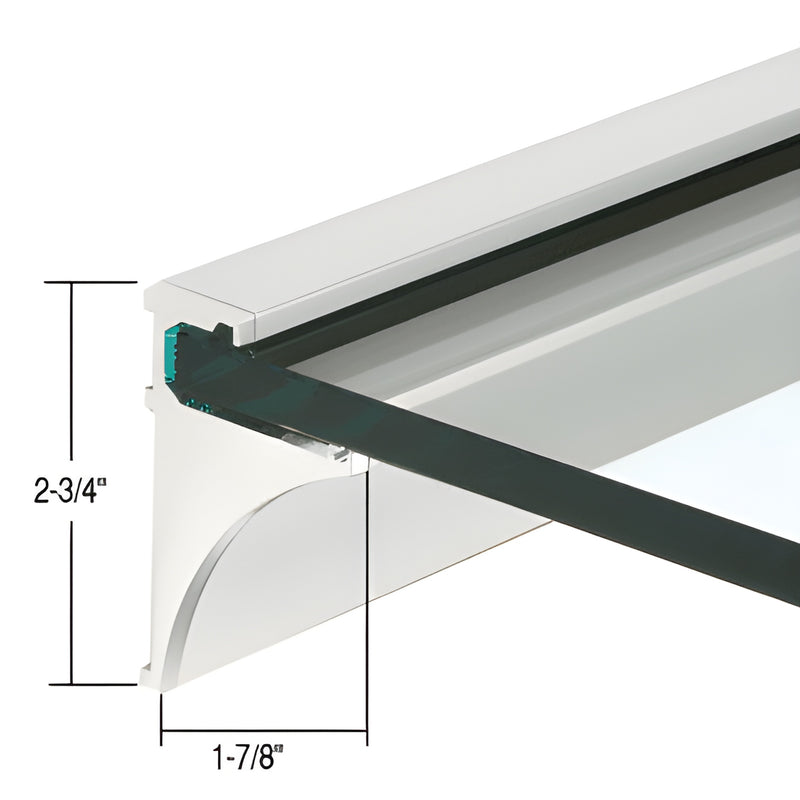 SE3836BA 36" brite anodized aluminum shelf extrusion cleat, low-profile mount holding 3/8" glass (end cap shown)