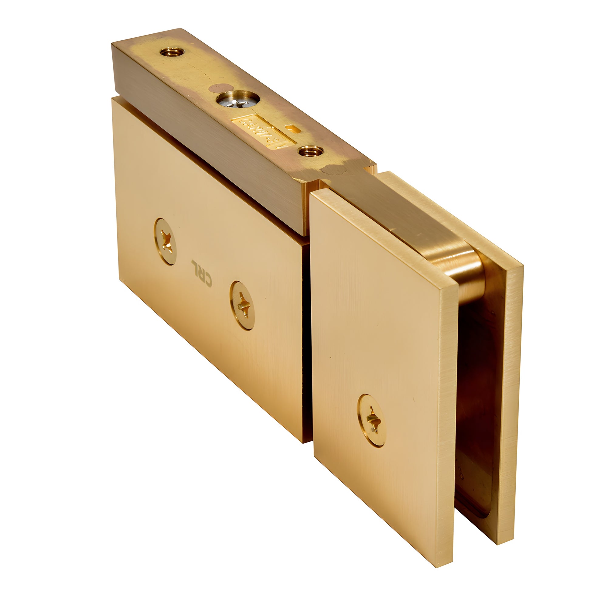 CAR07SB satin brass squared pivot hinge for 8-10mm glass shower door, solid brass, head-and-sill U-clamp design.