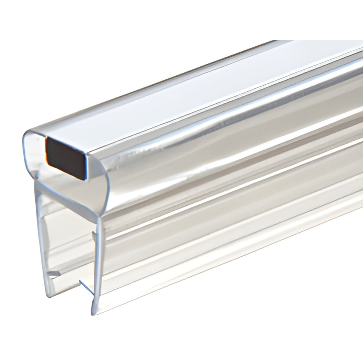 PMC8 clear polycarbonate magnetic glass-to-glass door profile, 95in, fits 6-8mm tempered glass, soft magnetic receiver.