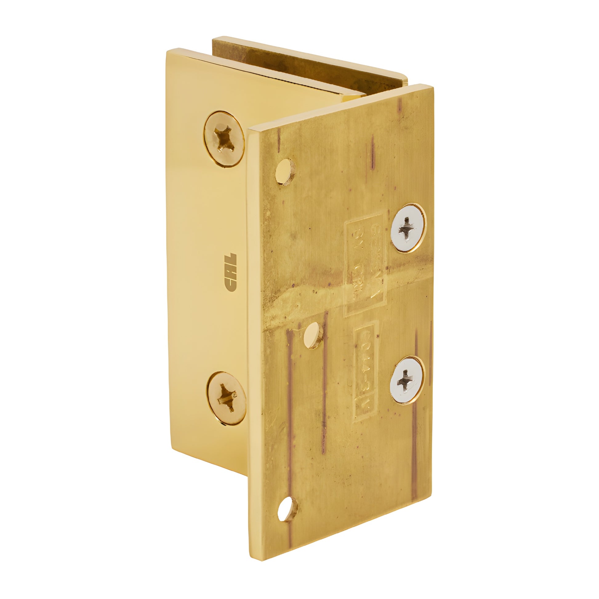 GEN544BR polished brass Geneva self-centering glass shower hinge, wall-mount, reversible 5 pivot, fits 8-12mm glass
