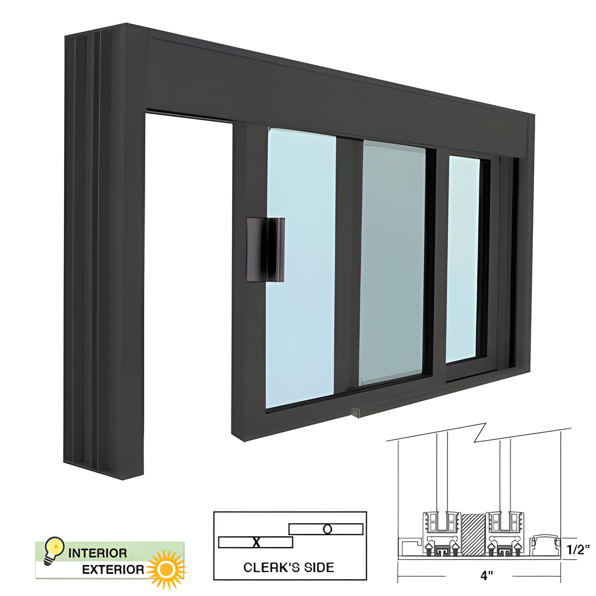 Duranodic bronze aluminum manual sliding service window (DW4836X0GDU), 47.5x35.75, 1/4" tempered glass, self-latching