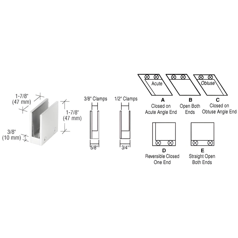 RH1112CH chrome straight open-center glass clamp, solid brass, fits 1/2" tempered glass, 1-7/8" wide, reversible