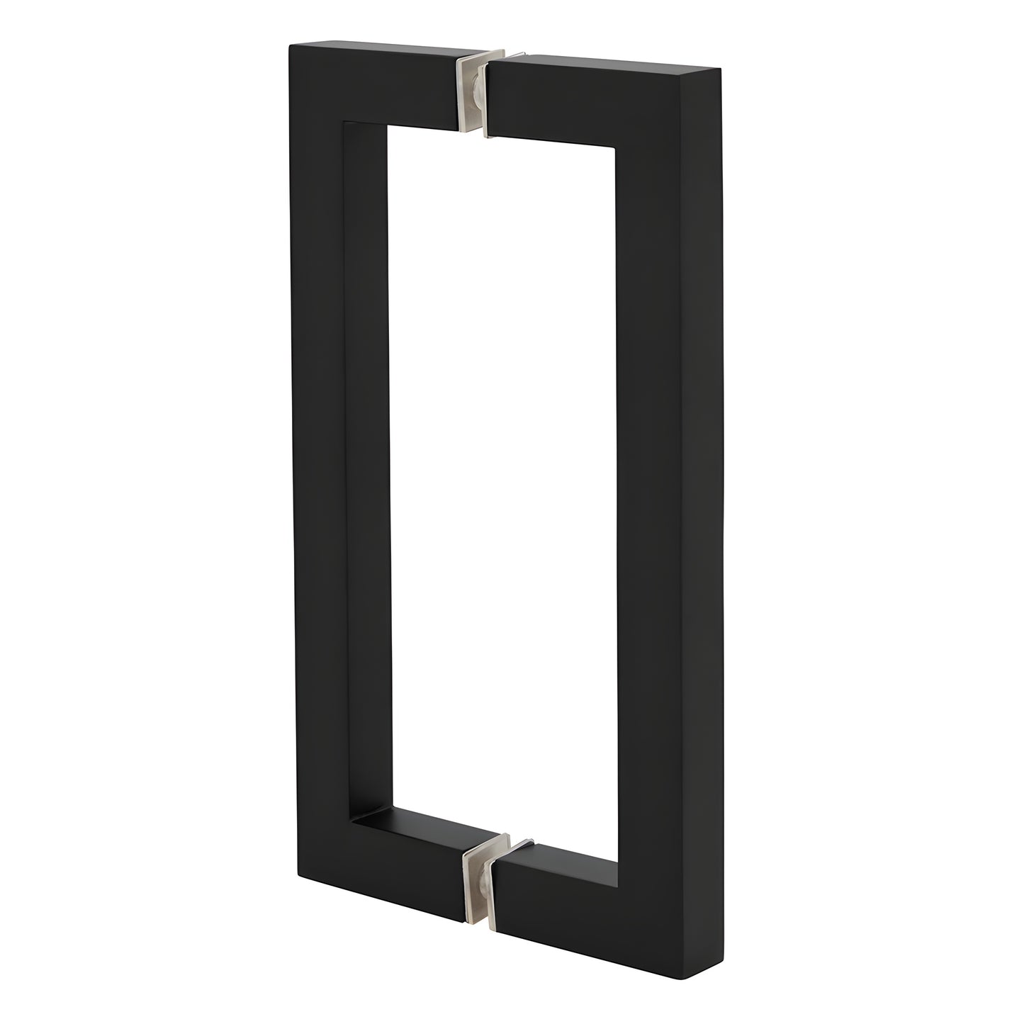 Matte black square-corner back-to-back glass door pull handle, 8 in center-to-center, tubular brass. SKU SQ8X8MBL
