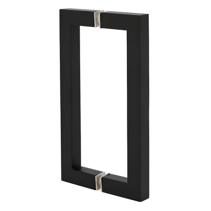 Matte black square-corner back-to-back glass door pull handle, 8 in center-to-center, tubular brass. SKU SQ8X8MBL