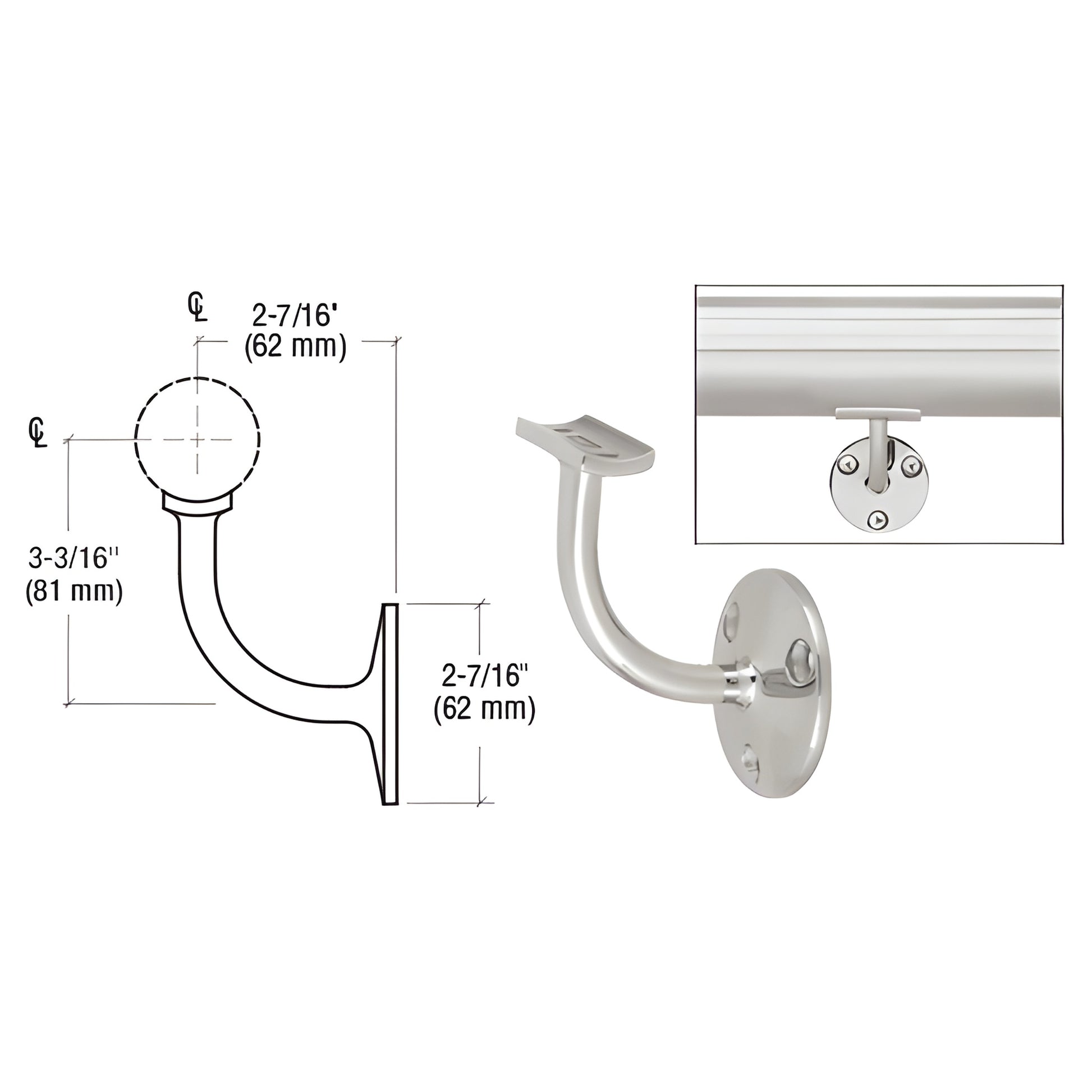 HR15TPS polished stainless steel wall-mounted short-arm handrail bracket, fits 1-1/2" & 2" tubing