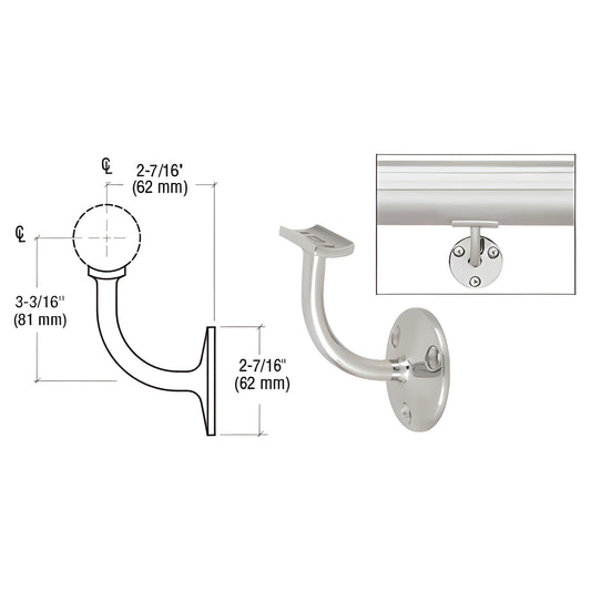 HR15TPS polished stainless steel wall-mounted short-arm handrail bracket, fits 1-1/2" & 2" tubing