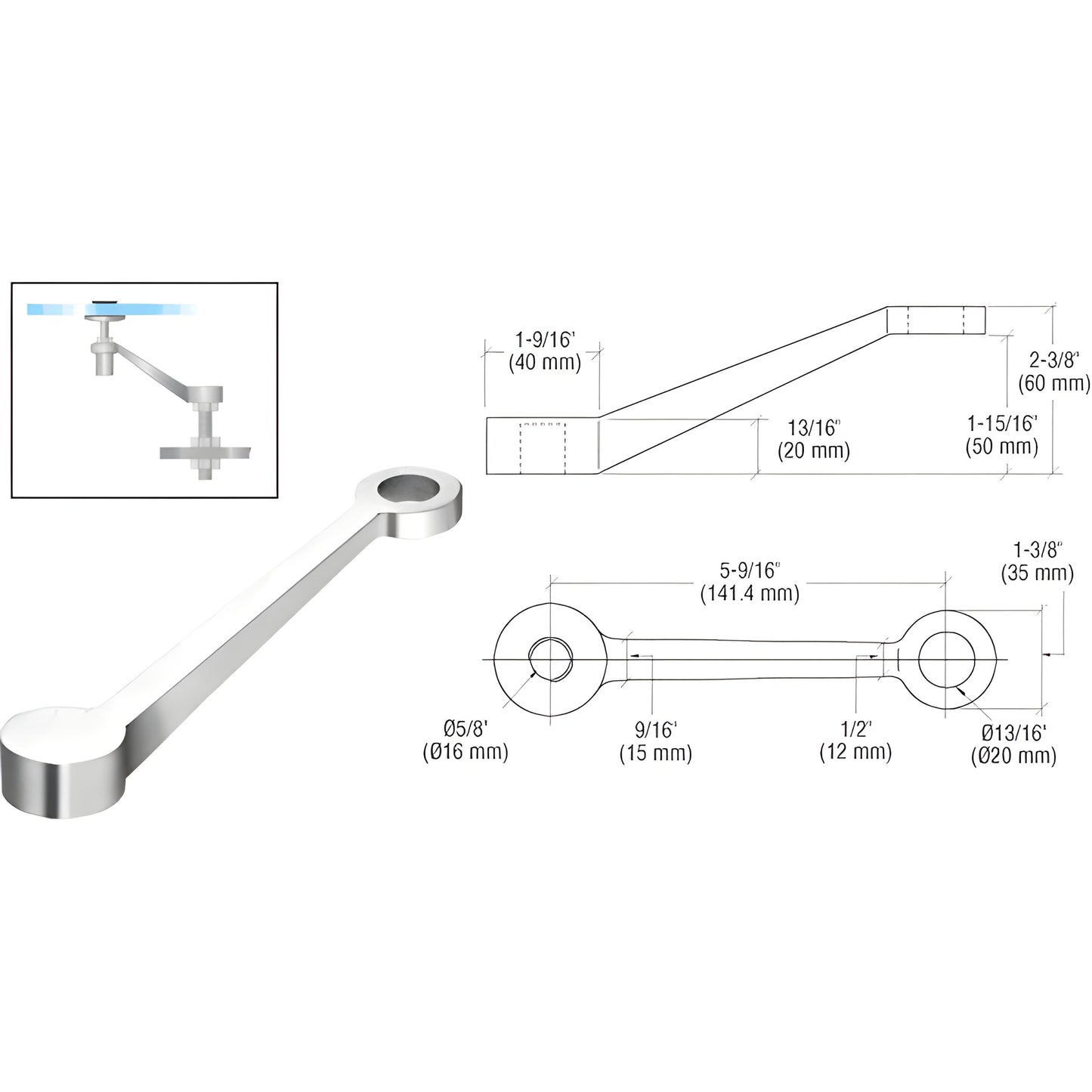 CRL PMR1LPS stainless steel long-arm fitting for frameless glass railings, mounts to post, fits 1/2" (12mm) glass.