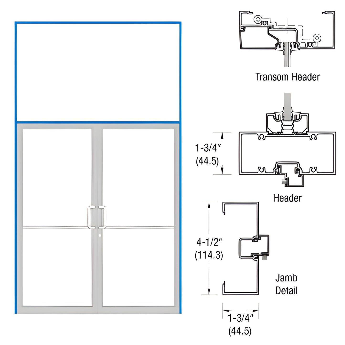 CRL aluminum 72x84 transom frame with double doors, blue outline and technical header/jamb diagrams.
