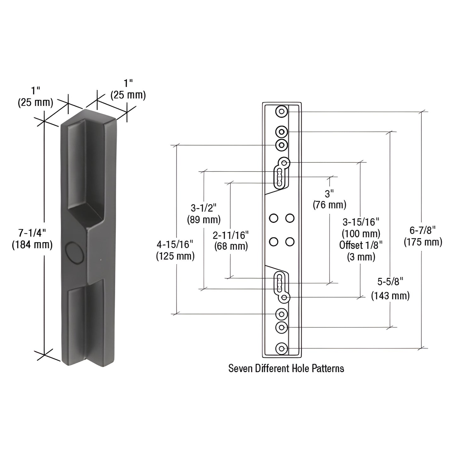 CRL C1096 black zinc diecast outside door pull, 7-1/4 in long, surface mount, fits seven different hole spacing patterns