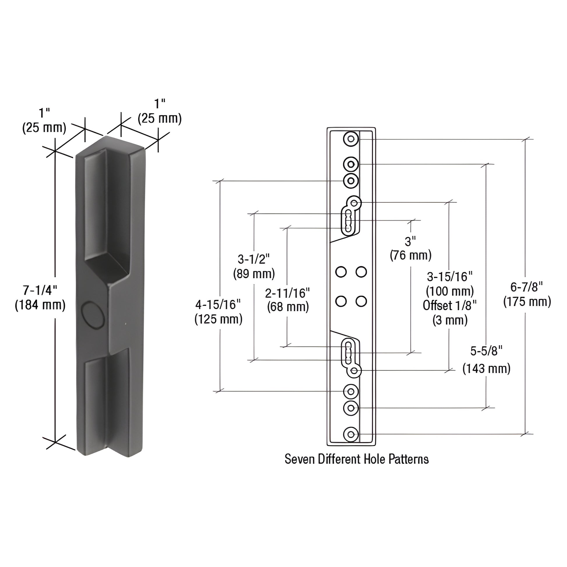 CRL C1096 black zinc diecast outside door pull, 7-1/4 in long, surface mount, fits seven different hole spacing patterns