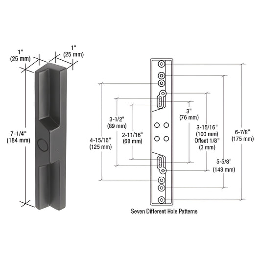 CRL C1096 black zinc diecast outside door pull, 7-1/4 in long, surface mount, fits seven different hole spacing patterns