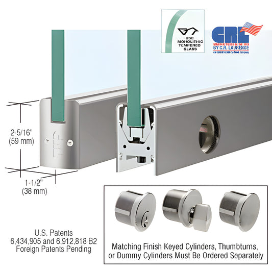 Brushed stainless low-profile door rail for 3/8" glass with Wedge-Lock system and optional lock, 2-5/16" 1-1/2"