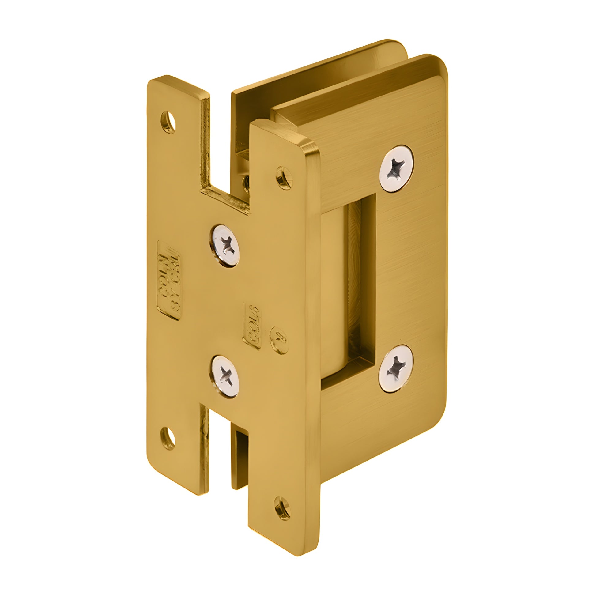 CRL Cologne C0L037MG modern gold brass wall-mount shower hinge with H backplate, for 3/8-1/2" tempered glass.