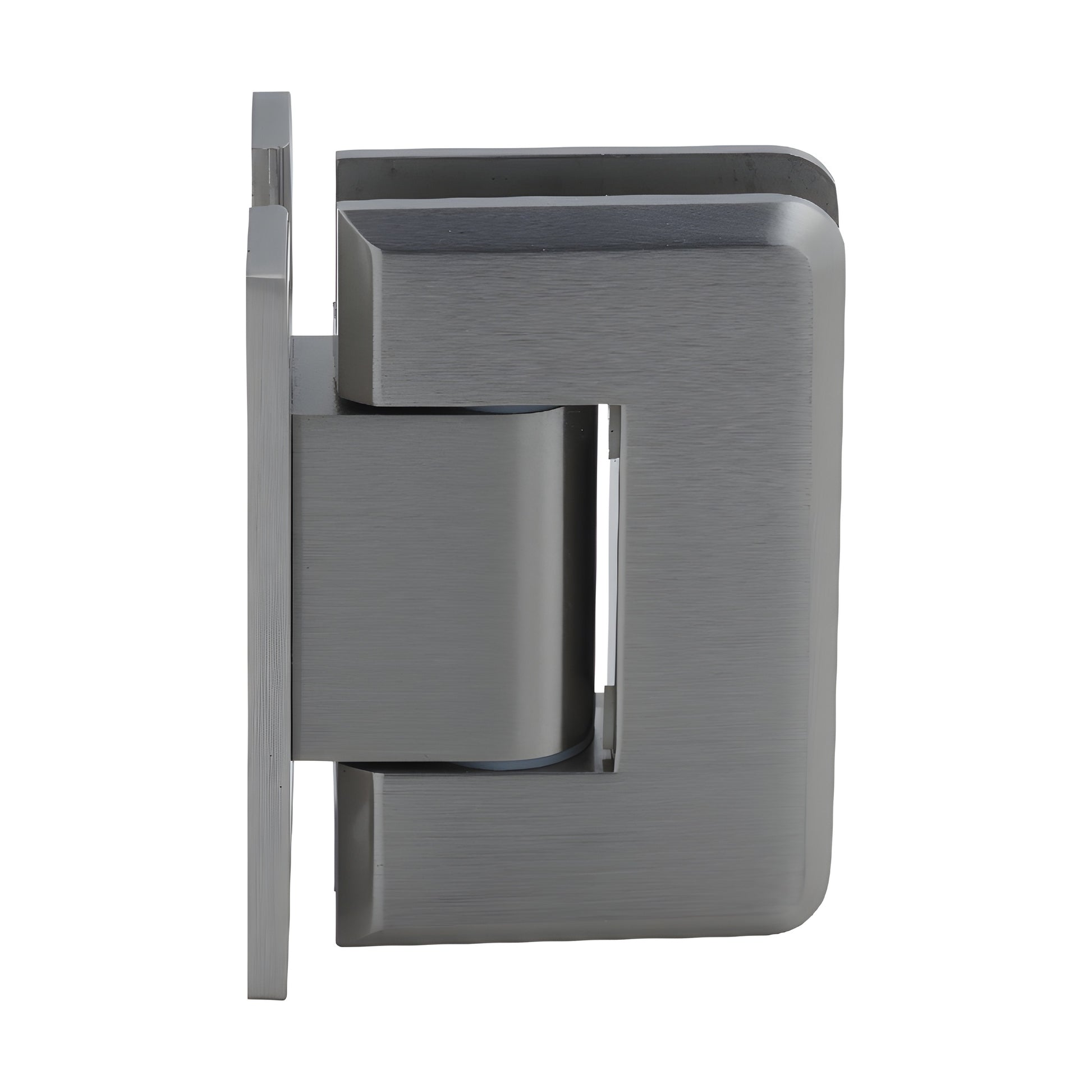 Brushed nickel Pinnacle adjustable shower door hinge (SKU P1N337BN), brass wall-mount H back plate for 8-12mm glass