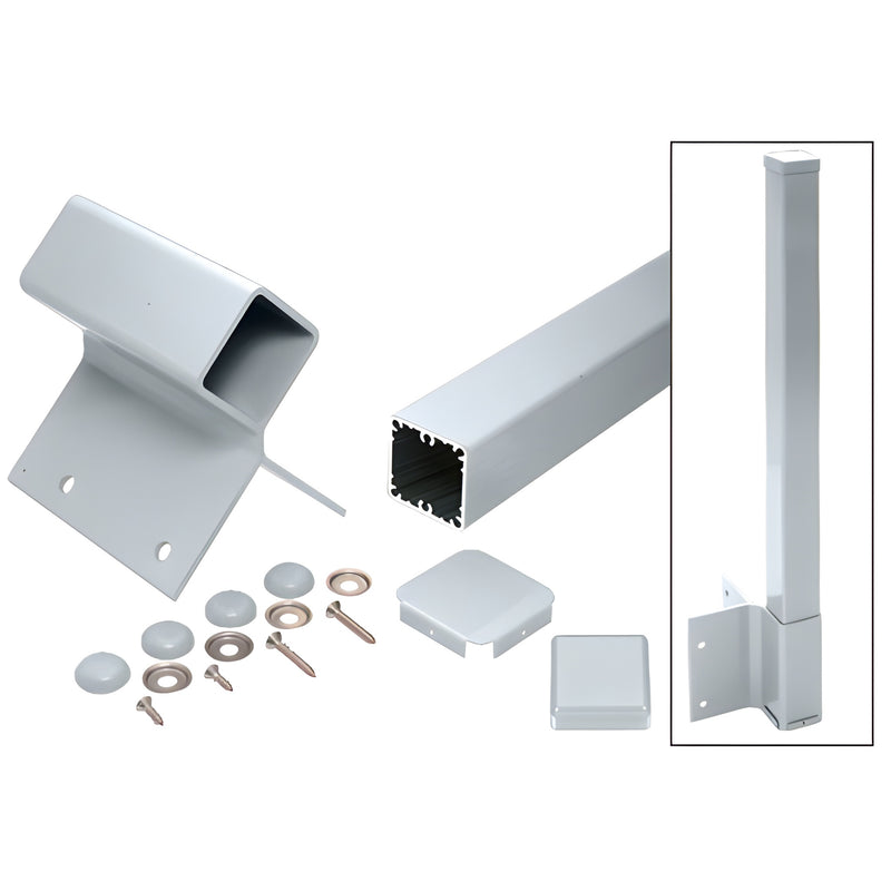 90 fascia-mount aluminum post kit (mill finish) with 2-3/8" square post, bracket, cap, screws and cover buttons.