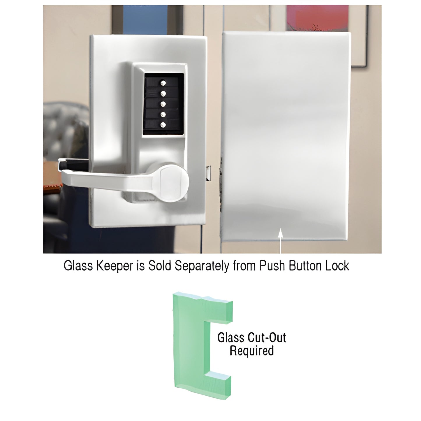 Satin anodized 6x10 center lock keeper for 1/2 in. glass, left-hand (SKU DLK610LCSC) for push-button locks
