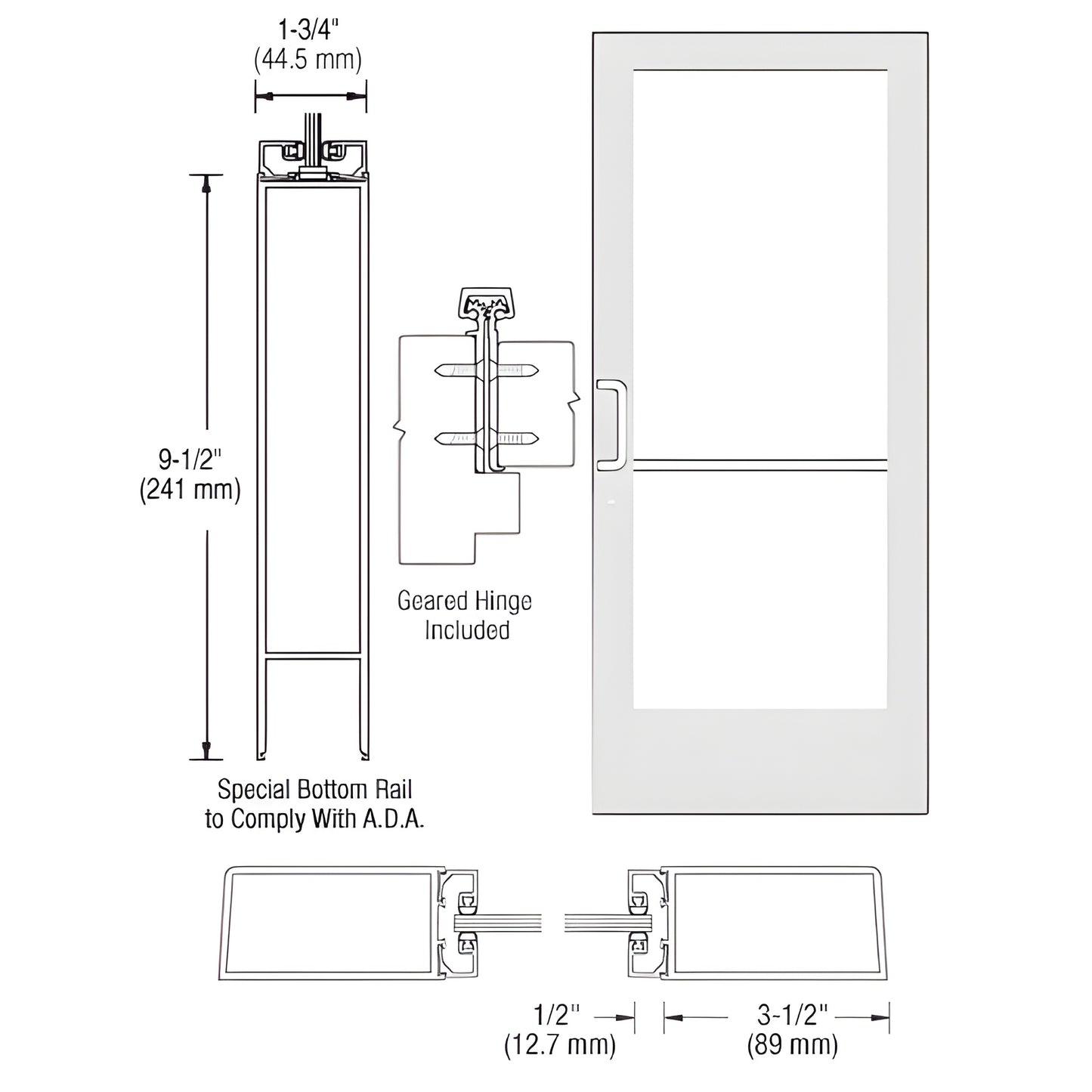 White Kynar commercial entrance door, medium stile, 3-1/2 stiles, 9-1/2 ADA bottom rail, geared