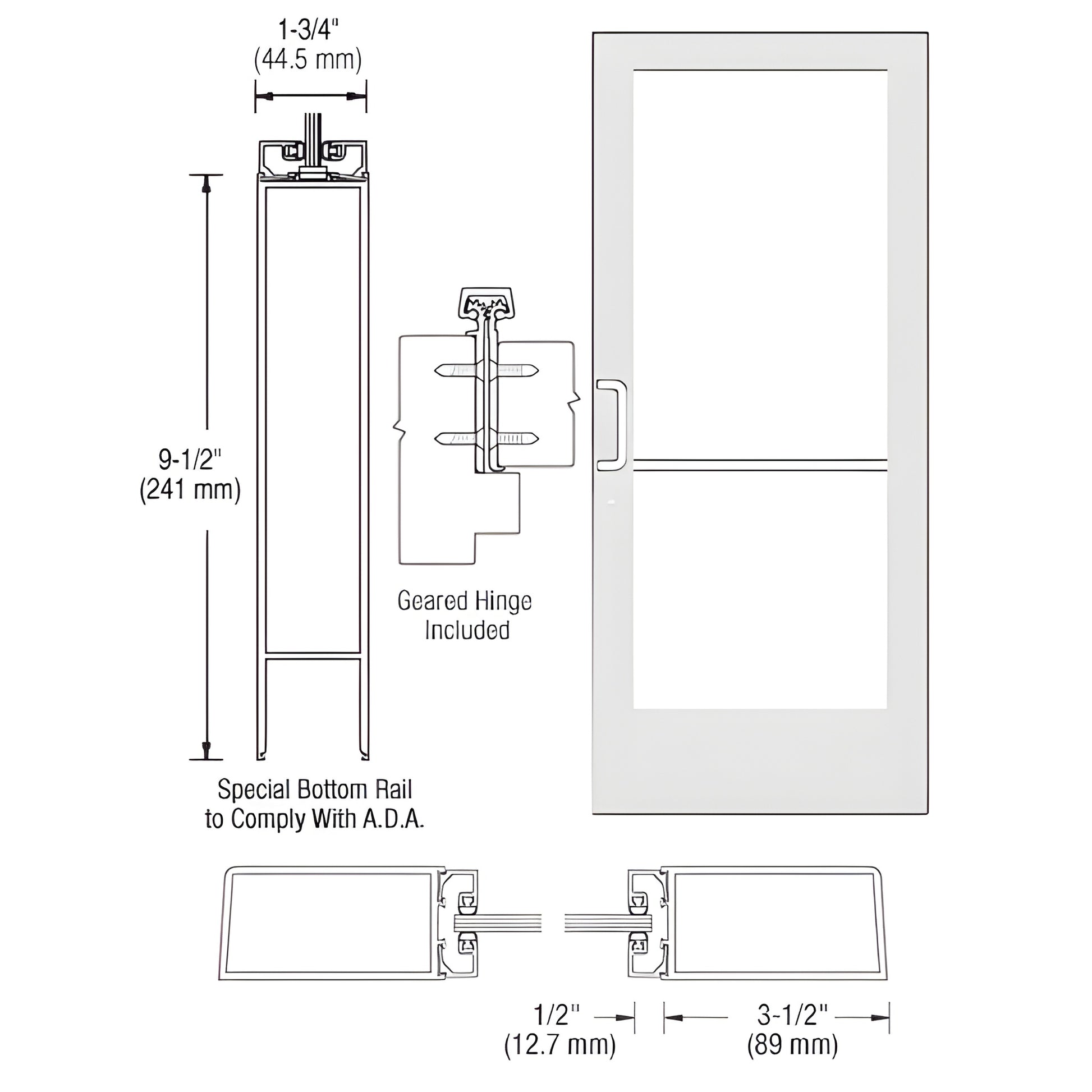 White Kynar commercial entrance door, medium stile, 3-1/2 stiles, 9-1/2 ADA bottom rail, geared