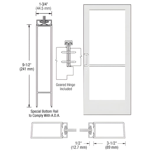 White Kynar commercial entrance door, medium stile, 3-1/2 stiles, 9-1/2 ADA bottom rail, geared