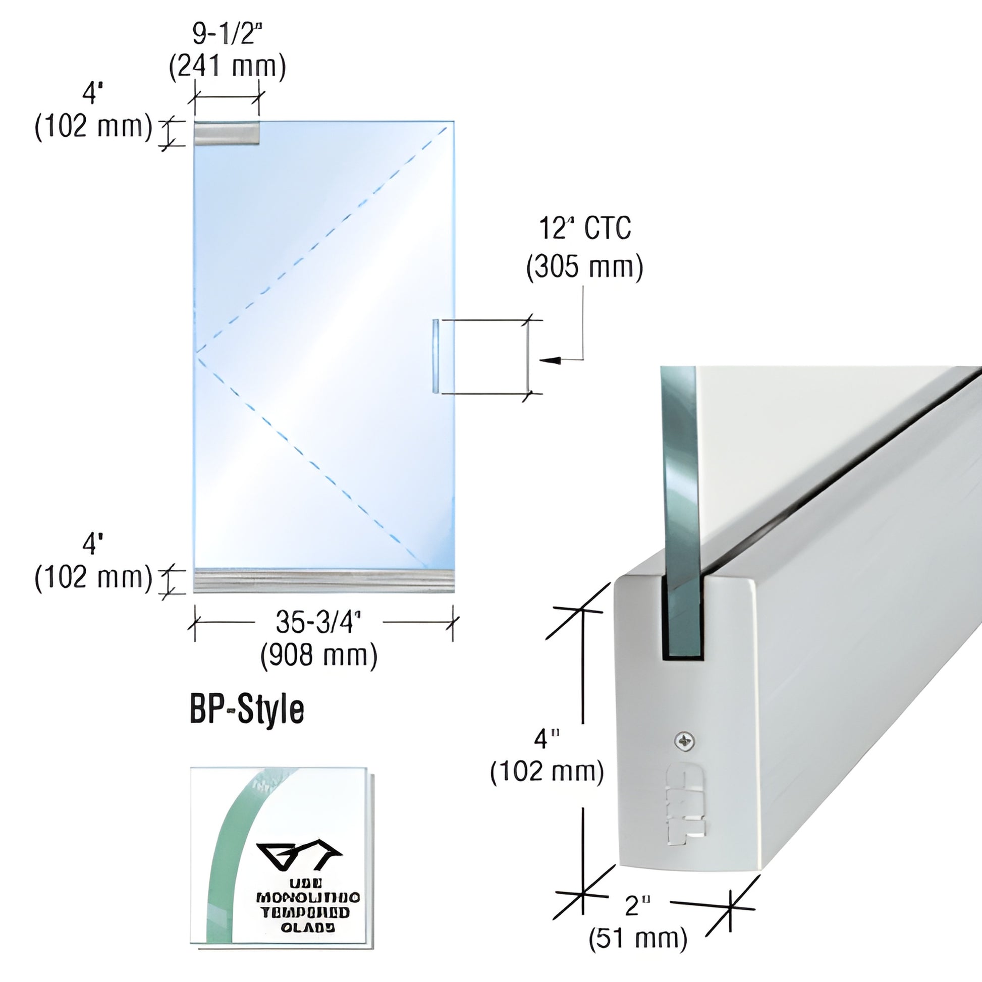 BP4BS12S BP-style brushed stainless steel dry-glaze aluminum frameless glass door kit for 1/2" (12mm) glass