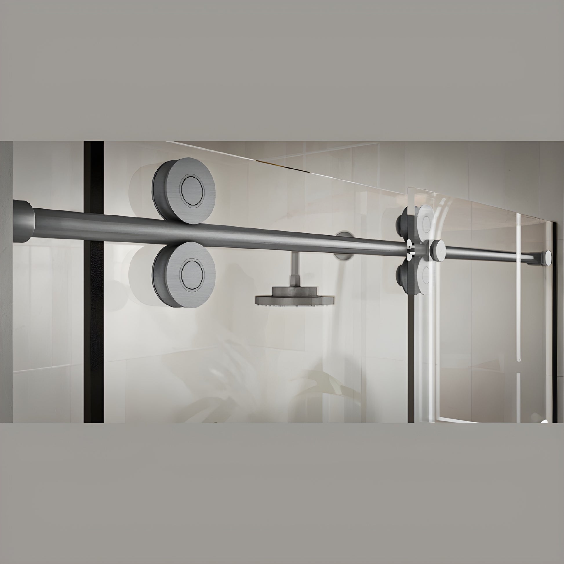 CRE78BS: Crescent brushed stainless top-rolling sliding shower door system, 78" header, one sliding door and fixed panel